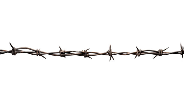 Barbed wire cutout. Isolated barbed wire across screen on transparent background