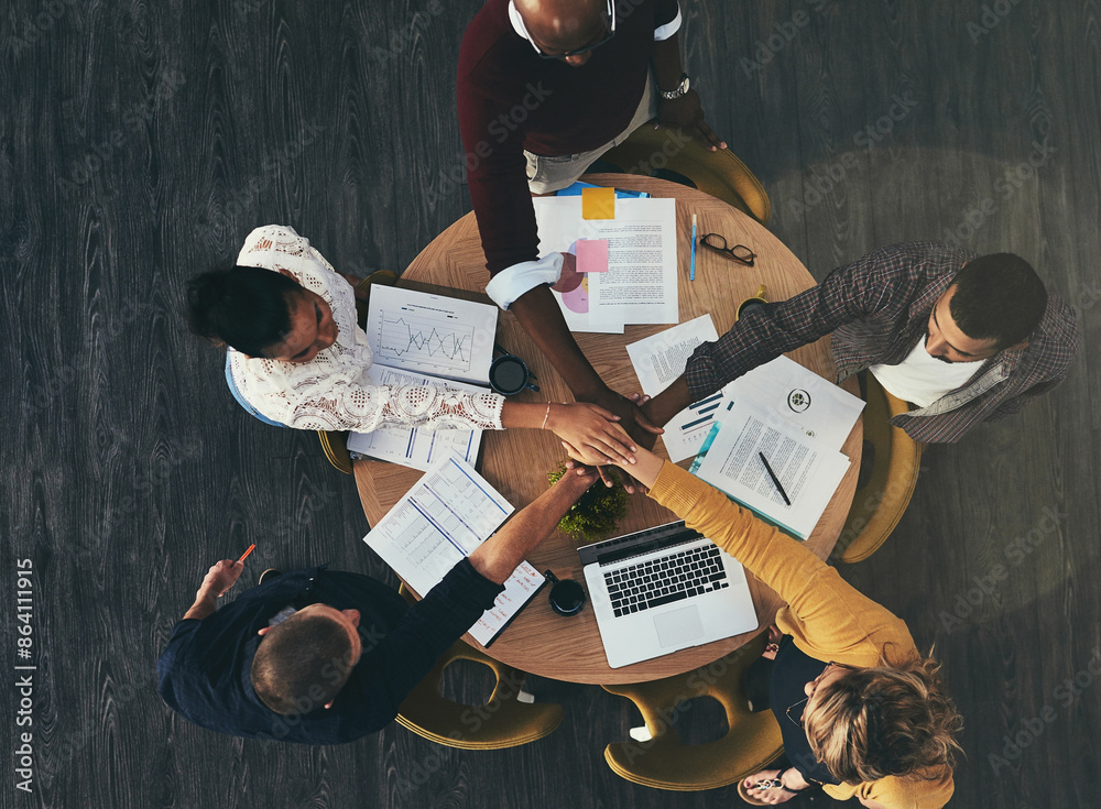 Aufkleber above, boardroom and people with pile of hands in meeting for teamwork, collaboration and brainstorm
