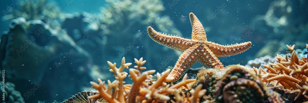 Wall mural A close-up view of a starfish resting on a coral reef in its natural environment