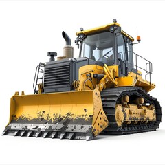 Obraz premium Modern bulldozer with operator cab, front perspective, detailed machinery, isolated on white