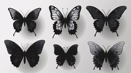 Fototapeta premium Elegant black butterfly silhouettes, arranged horizontally on a white background