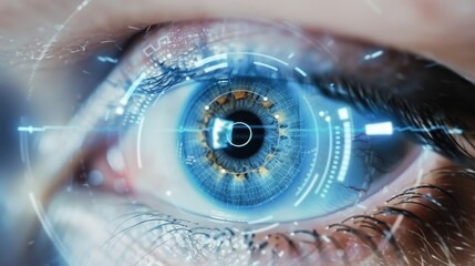 Eye with digital interface overlay, showcasing iris scanning technology for biometric security.
