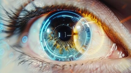 An eye with futuristic scanning interface, representing the concept of digital biometric security systems.
