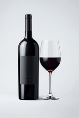 A bottle of wine and a wine glass are shown on a white background