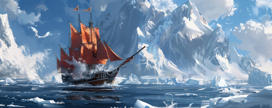 Icebound Adventure: A junk ship navigating through icy waters, with icebergs and snowy peaks all around