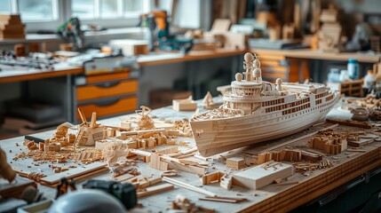 Detailed Wooden Model Ship and Workshop Environment