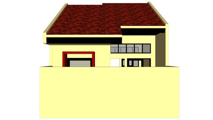 3D Illustration of a Small Red-Roofed House in Cream Paint - House Exterior