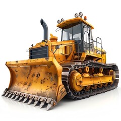 Compact bulldozer with angle blade, isolated on white, industrial tool - obrazy, fototapety, plakaty
