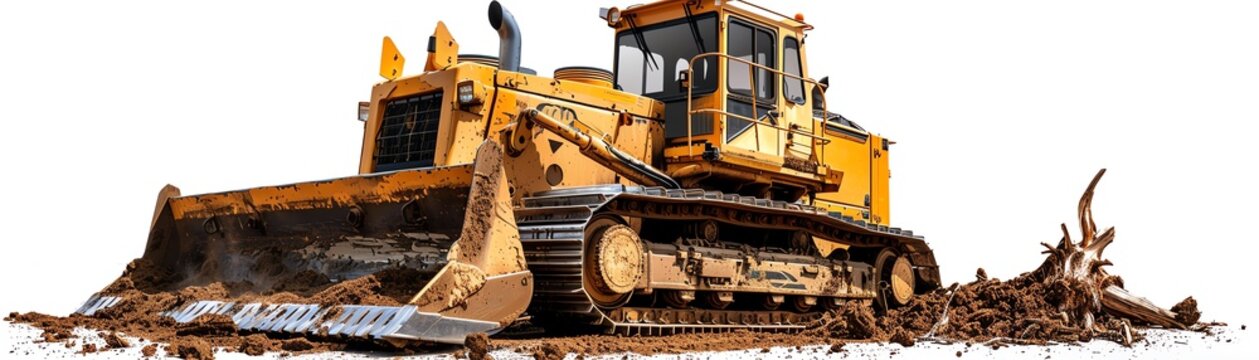 Compact bulldozer with tree pusher, isolated on white, land clearing equipment