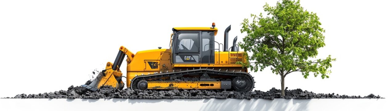 Compact bulldozer with tree pusher, isolated on white, land clearing equipment