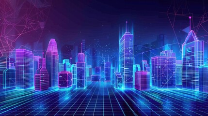 Naklejka premium Neon wireframe cityscape in blue and purple tones, showcasing a digital urban environment against a deep blue sky. 