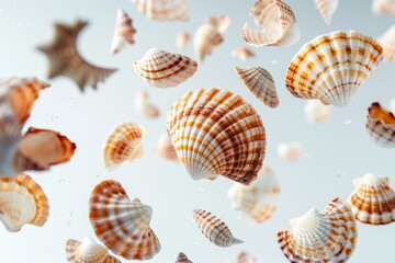 Fototapeta premium Seashells falling in the air on white background