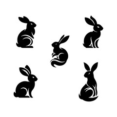 rabbit silhouette set black and white, artistic bunny silhouette vector images