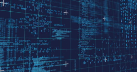 Image of data processing over grid on dark backgorund