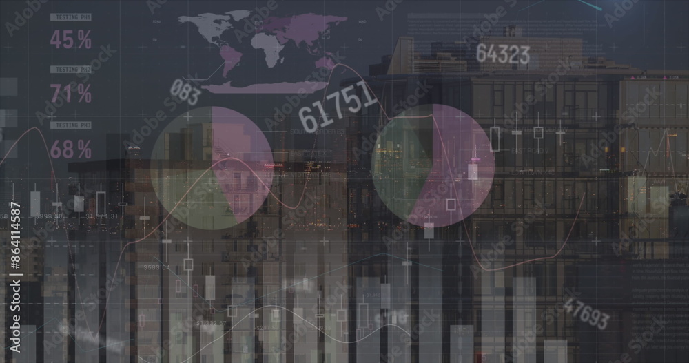 Poster image of changing numbers and statistical data processing against aerial view of tall buildings
