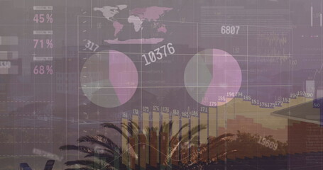 Image of changing numbers and statistical data processing against aerial view of cityscape