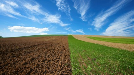 A field split between freshly plowed soil and lush green crops, showcasing the contrast between preparation and growth under a sky.
