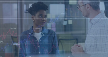 Image of multiple graphs with numbers over diverse coworkers discussing reports in office