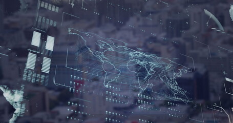 Image of loading bars, globe, map and dots over modern cityscape in background