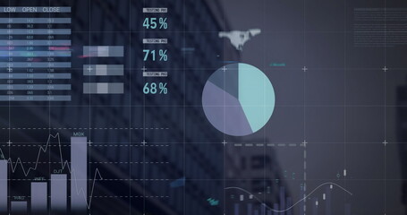 Image of infographic interface over low angle view of modern building against sky