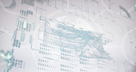 Image of connected circles, loading bars, globes and map over white background