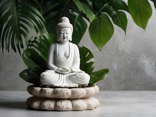 A serene white Buddha statue with hands folded in a prayer gesture stands against a background of lush green foliage. A banner with a Buddha with an empty space for text. A close-up of the Buddha stat