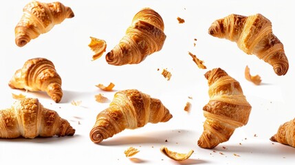 Croissants falling in the air on white background