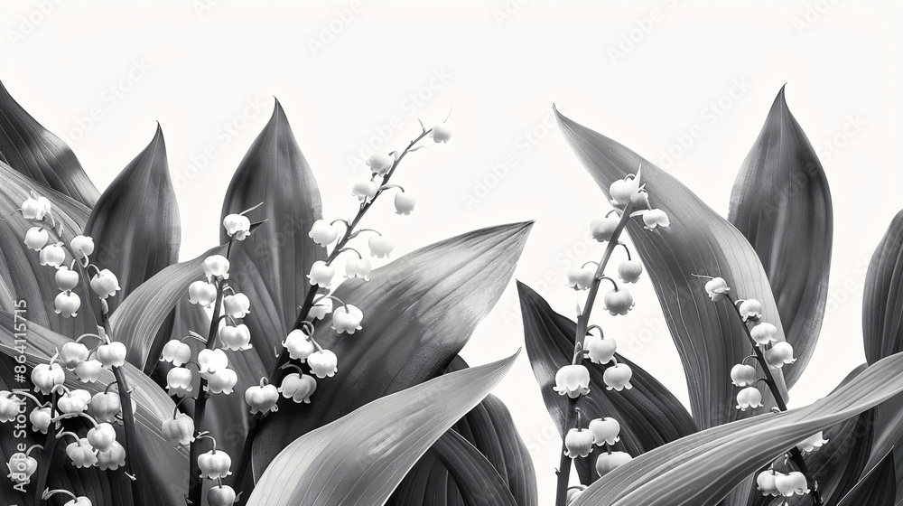 Wall mural floral art of lily of the valley, black and white, isolated on white background