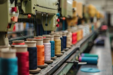 Sewing Thread Industrial. Business Workplace with Spools of Thread and Sewing Machines