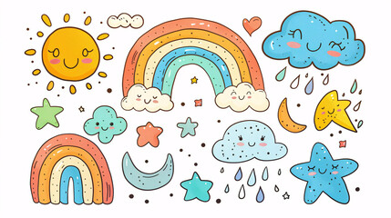 Freehand kawaii doodles of weather elements like rain and sun on white background