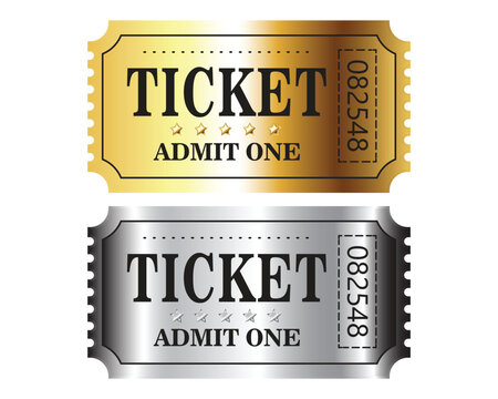 Tickets  gold and silver material.Retro ticket design template. Admit one. Tickets for cinema, movie, circus, carnival, film, festival, etc. Vector illustration.