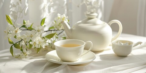 elegant cup and pot of jasmine tea on a white table.