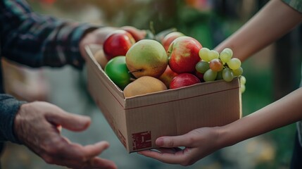Box of fresh fruits being handed over at a market. Symbol of sharing and community support with diverse colorful fruits. Acts of kindness and generosity background.