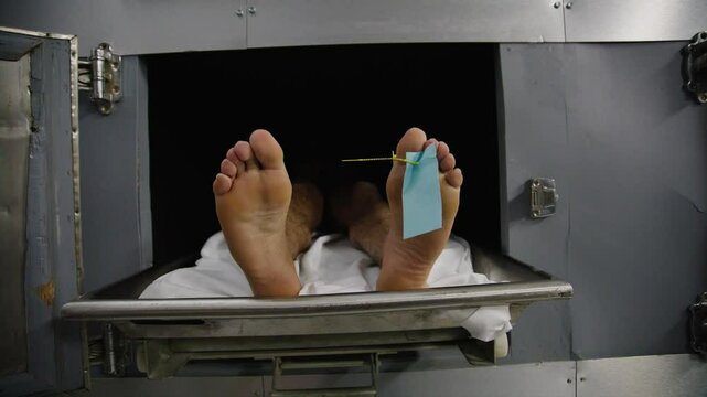 Close up of toe tag on bottom of feet in morgue