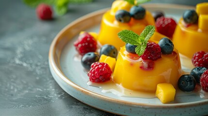 Delicious mango pudding with fresh berries