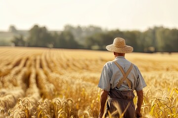 Senior farmer standing in a golden wheat field, surveying his ripe crops with hope and satisfaction. Concepts. agriculture, farming, harvest, rural life, sustainability, hard work.
