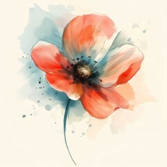 Vibrant watercolor illustration of a flower with multicolored petals in shades of pink, blue, and orange, featuring detailed textures and abstract splashes in the background.
