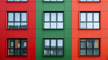 Fototapeta premium Colorful Facade with Red, Green, and Orange Panels and Windows