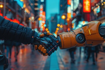 Close-up of a human hand shaking a robotic hand against a futuristic cityscape at sunset, symbolizing technology and human collaboration.