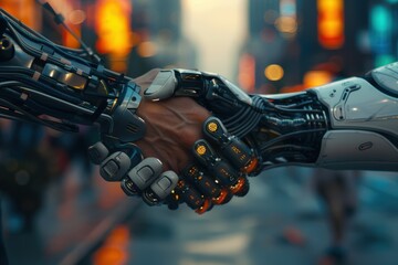 Close-up of a human hand shaking a robotic hand against a futuristic cityscape at sunset, symbolizing technology and human collaboration.