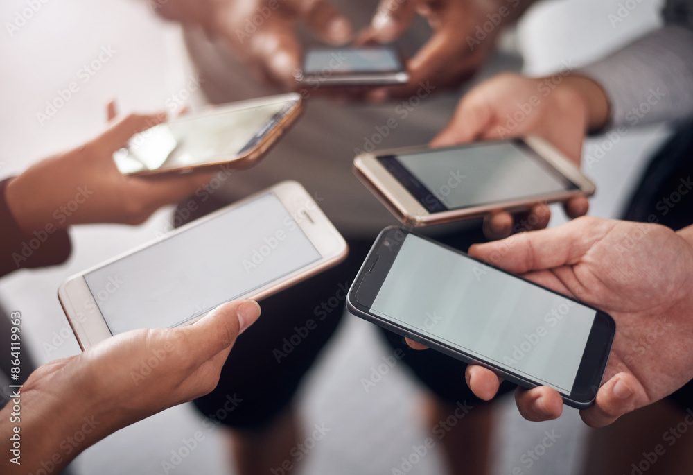 Poster Phone, mockup and hands of friends in group for networking on social media, mobile app or internet. Technology, contact and people in circle with cellphone for connectivity or notification on screen.