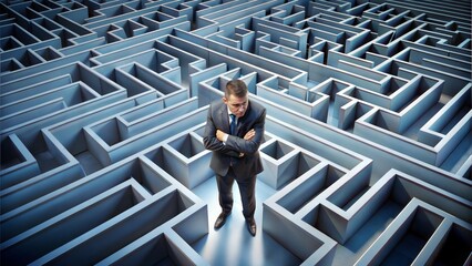 Businessman Confused in Maze: A businessman looking confused and frustrated while trapped in a maze, symbolizing challenges in decision-making.
