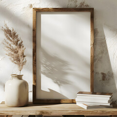 Minimalistic empty wooden frame on rustic table with dried plant in vase and stacked books, casting soft shadows, perfect for mockups and designs.
