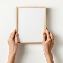 Hands holding a blank wooden frame against a white background, perfect for art, photography, or custom messages in interior design.