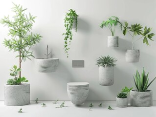 Obraz premium A sleek, minimalist restroom with a concrete toilet basin and urinal, surrounded by small succulents and leafy plants in various stylish planters, all set against a clean white background.