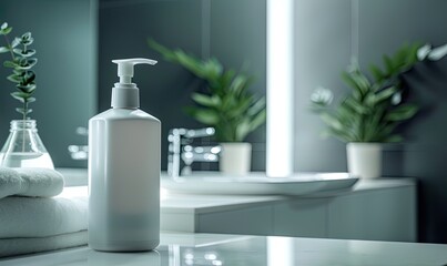 Fototapeta premium White unlabeled pump bottle for shampoo, soap or lotion in modern bathroom setting. Concept of beauty products, wellness, hygiene, and self-care.