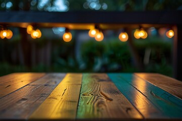 Naklejka premium Empty Wood table top with decorative outdoor string lights hanging on trees in the revier nature at sunset time,