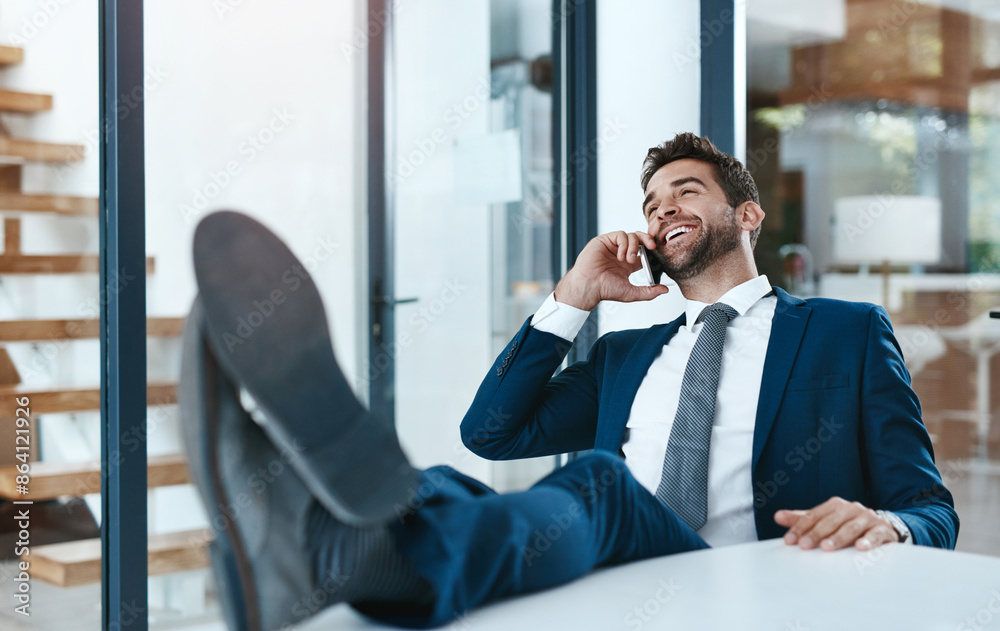 Poster phone call, relax and happy business man in office with productivity satisfaction, pride or confiden
