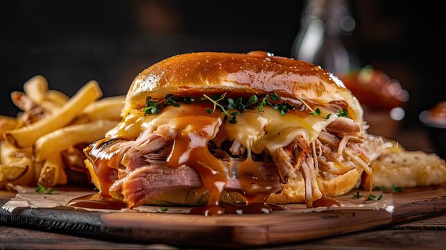 Close-up of a delicious pulled pork sandwich with melted cheese, served with crispy fries on a wooden board, perfect for a hearty meal.