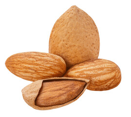 Almond nuts in shell  isolated on white background. Group of Almonds close up. Package design element.  Peeled and unpeeled almond nuts macro.